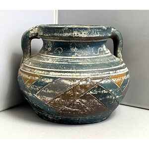 Vintage Rustic Earthenware Pot Two Handle Multicolor Geometric Boho Decor